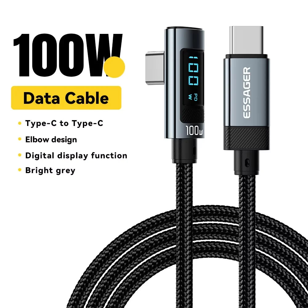 Essager 100W USB-C Fast Charging Cable – 90° Elbow & Digital Display