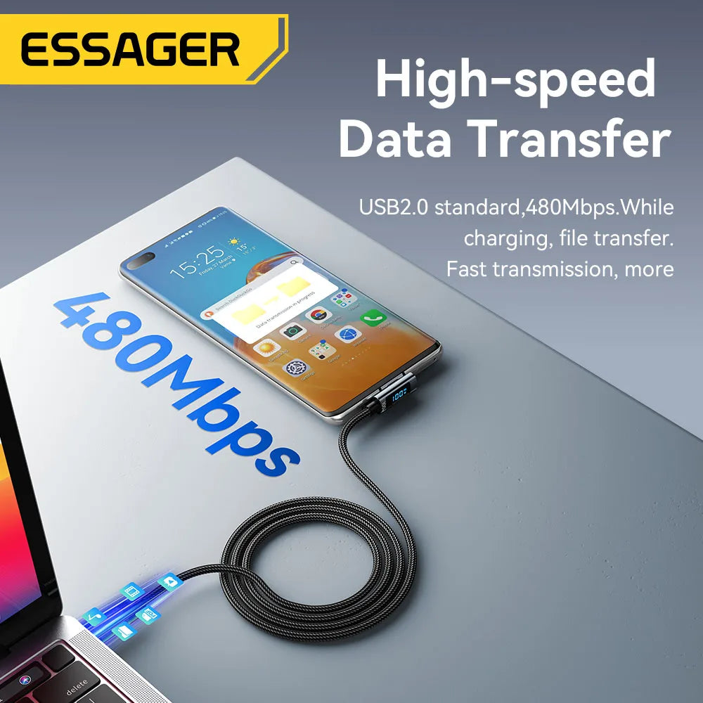 Essager 100W USB-C Fast Charging Cable – 90° Elbow & Digital Display