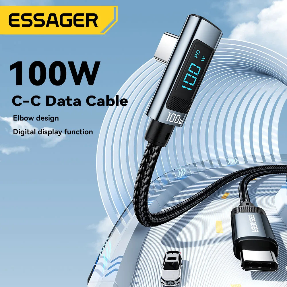 Essager 100W USB-C Fast Charging Cable – 90° Elbow & Digital Display