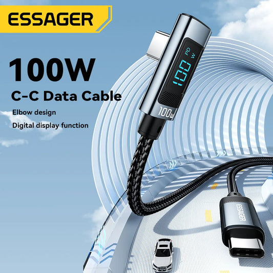 Essager 100W USB-C Fast Charging Cable – 90° Elbow & Digital Display
