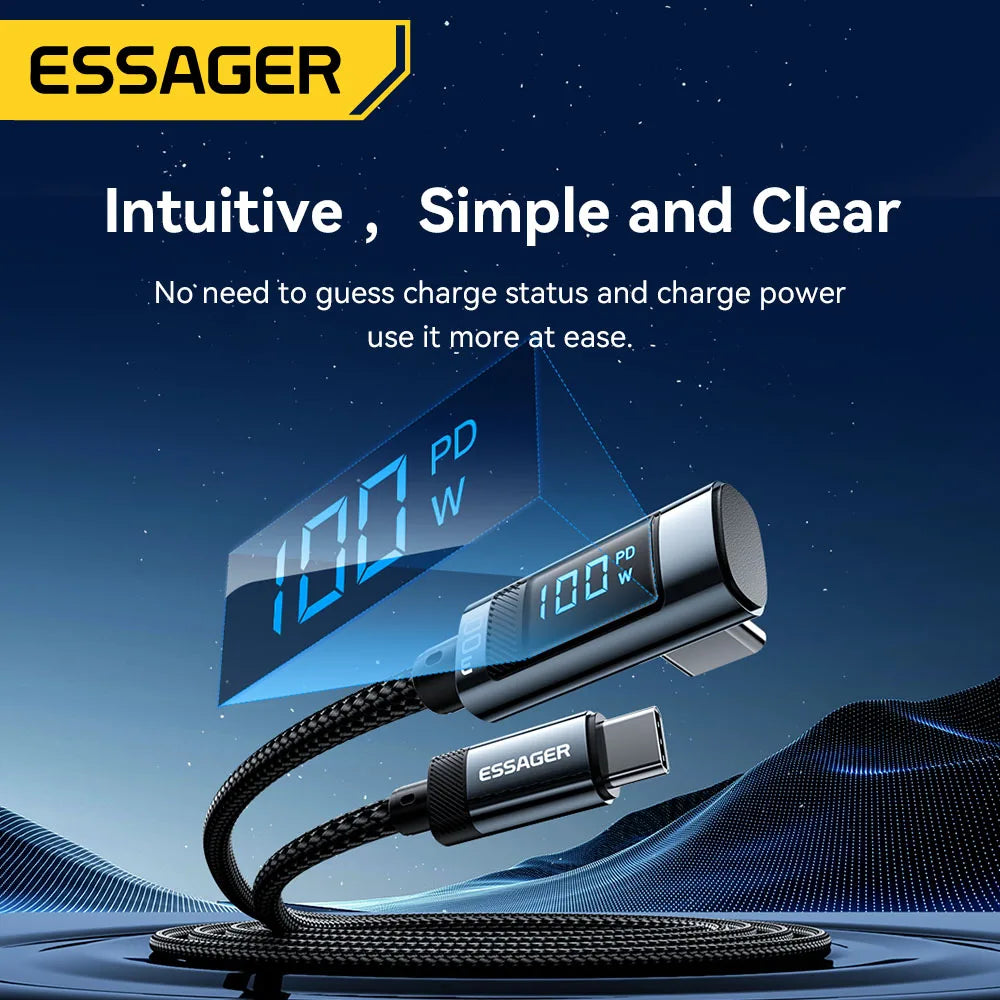 Essager 100W USB-C Fast Charging Cable – 90° Elbow & Digital Display