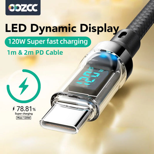 120W 5A USB-A to USB-C Fast Charging Cable with LCD Display