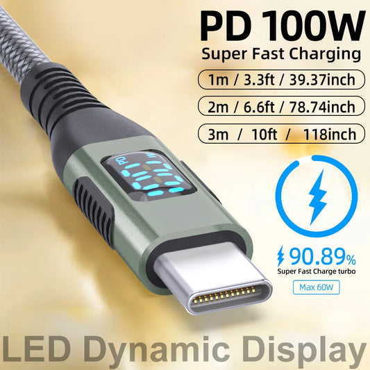 100W USB-C to USB-C Fast Charging Cable with LED Display