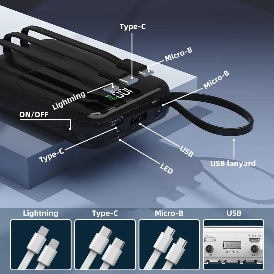 10,000mAh Portable Power Bank with Built-In Charging Cable